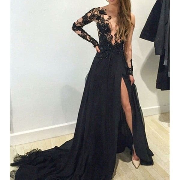 Bateau Long Sleeves Lace Chiffon Black A-Line Evening Dresses