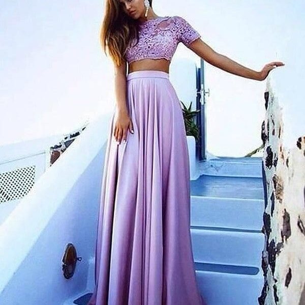 A-Line/Princess Bateau Short Sleeves Satin Floor-Length Lace Two Piece Dresses