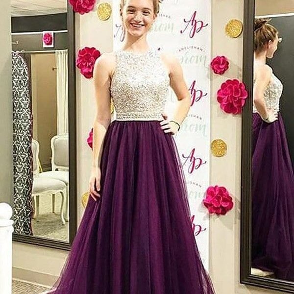 A-Line/Princess Bateau Sleeveless Sweep/Brush Train Beading Tulle Dresses