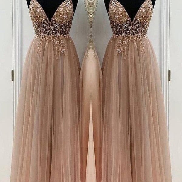 A-Line/Princess Beading Tulle Spaghetti Straps Sleeveless Floor-Length Dresses