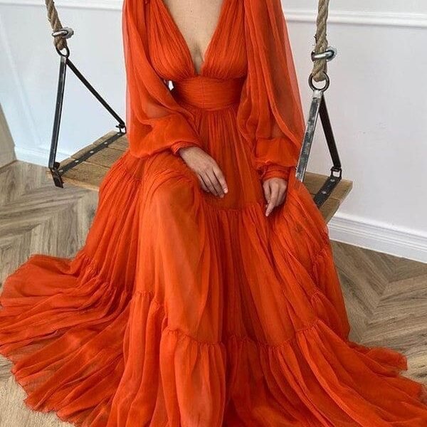 A-Line/Princess Brush Train V-neck Long Sleeves 3D Chiffon Ruffles Dress
