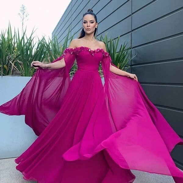 Long Sleeves Ruffles Chiffon Off-the-Shoulder Evening Dresses