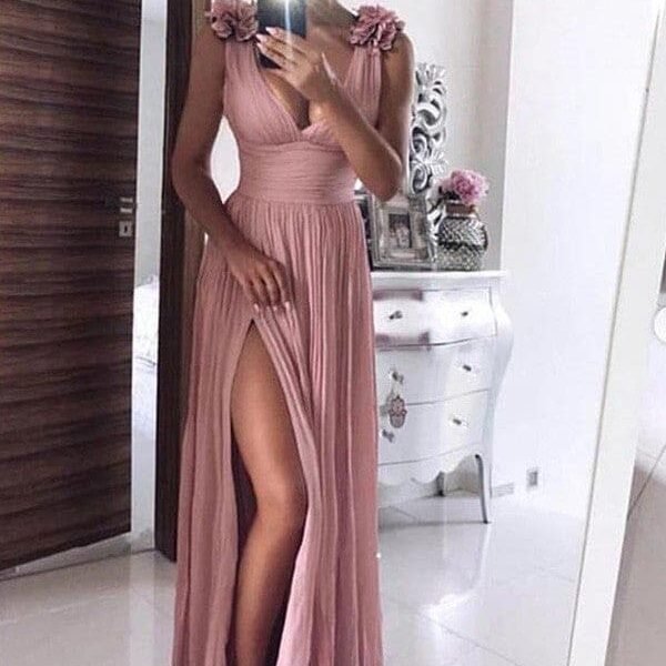 A-Line/Princess Chiffon V-neck Flower Sleeveless Floor-Length Dresses