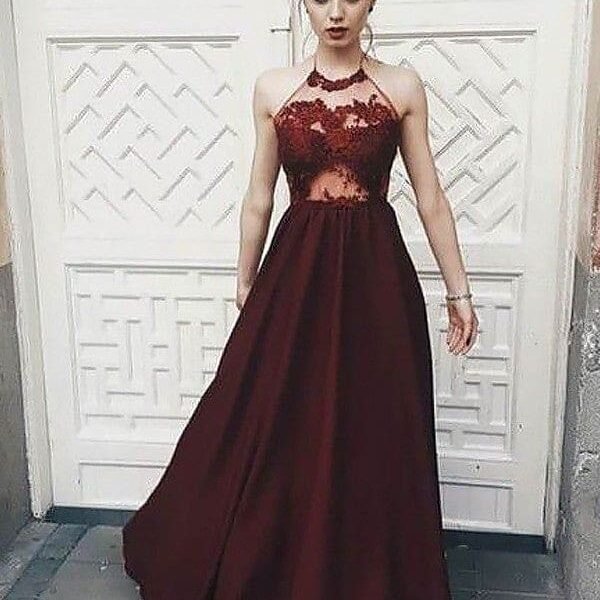 A-Line/Princess Halter Sleeveless Floor-Length Applique Elastic Woven Satin Dresses