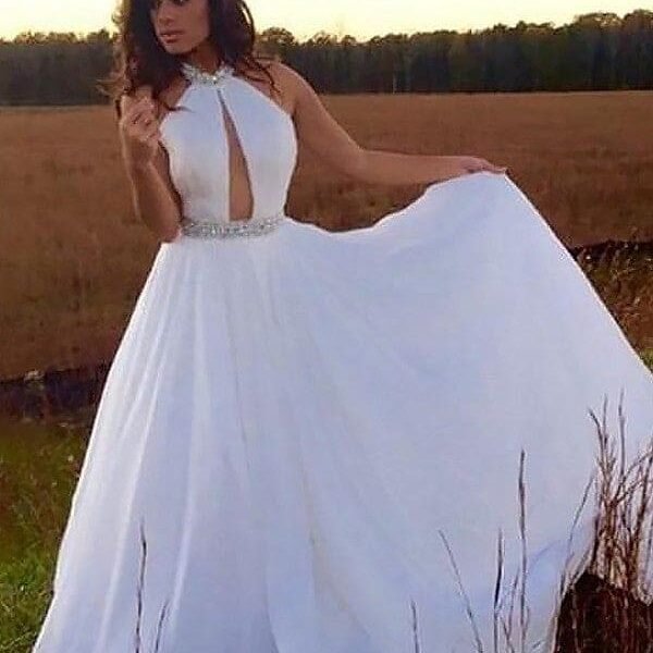 A-Line/Princess Halter Sleeveless Floor-Length Beading Chiffon Dresses