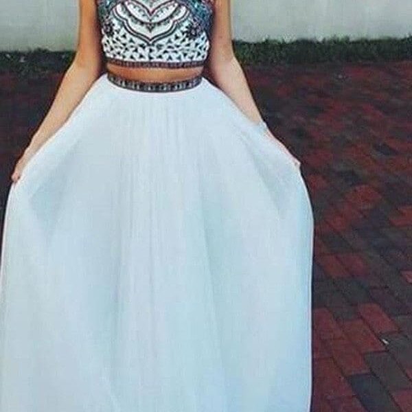 A-Line/Princess Halter Sleeveless Floor-Length Beading Net Two Piece Dresses
