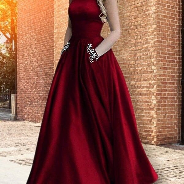 A-Line/Princess Halter Sleeveless Floor-Length Beading Satin Dresses