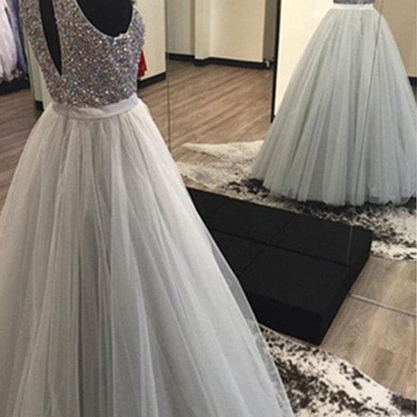 A-Line/Princess Halter Sleeveless Floor-Length Beading Tulle Dresses
