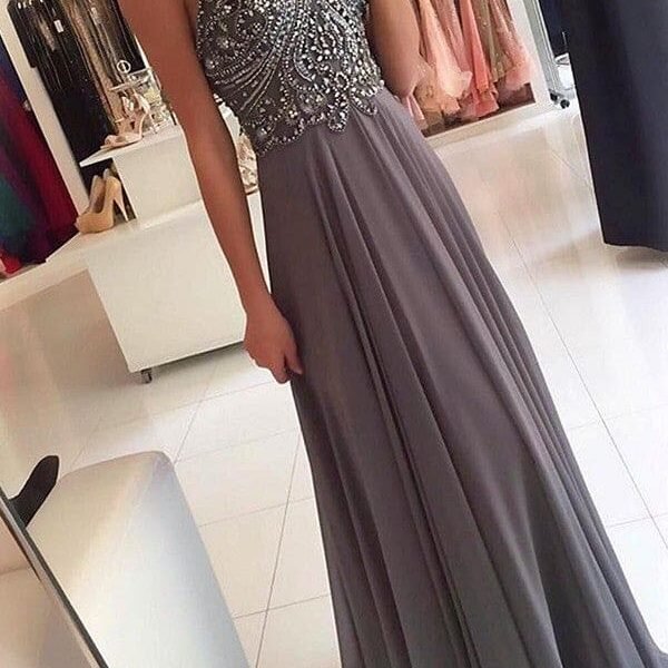 A-Line/Princess Halter Sleeveless Sweep/Brush Train Beading Chiffon Dresses