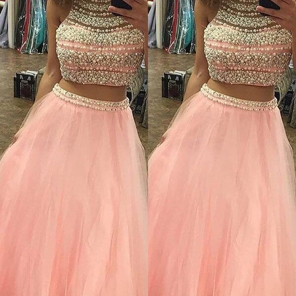 A-Line/Princess Halter Sleeveless Tulle Floor-Length Beading Two Piece Dresses