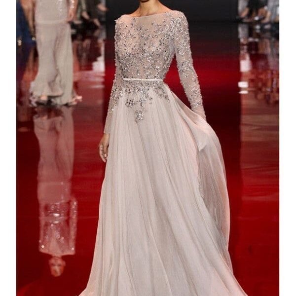 A-line/Princess High Neck Long Sleeves Applique Sweep/Brush Train Chiffon Dresses