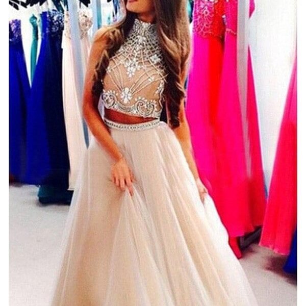 A-Line/Princess High Neck Sleeveless Beading Tulle Floor-Length Dresses
