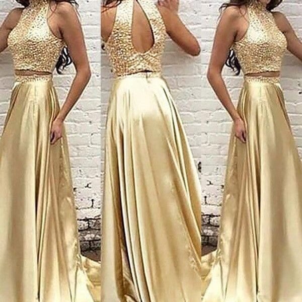 A-Line/Princess High Neck Sleeveless Satin Sweep/Brush Train Beading Two Piece Dresses
