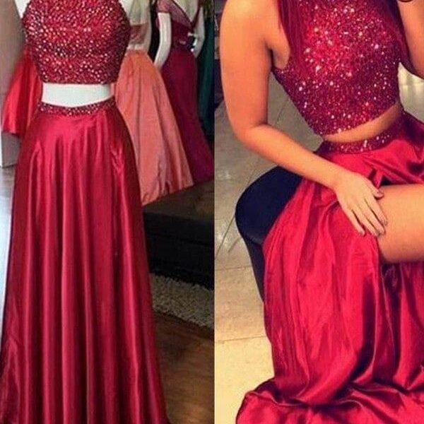 A-Line/Princess High Neck Sleeveless Silk like Satin Sweep/Brush Train Taffeta Dresses
