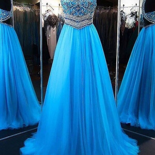 Jewel Neck Sleeveless Beading Tulle A-Line Evening Dresses