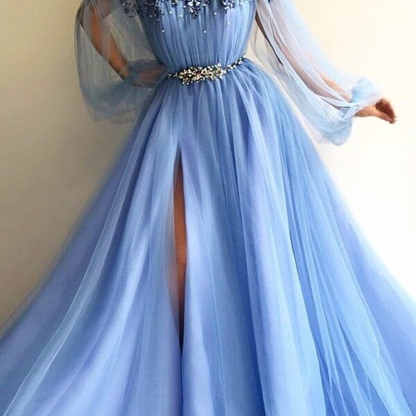 A-Line/Princess Long Sleeves Off-the-Shoulder Tulle Beading Floor-Length Dresses