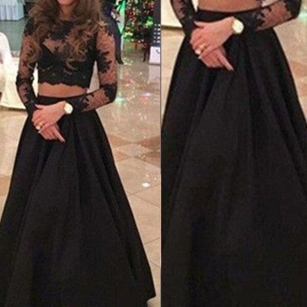 A-Line/Princess Long Sleeves Scoop Floor-Length Lace Dresses