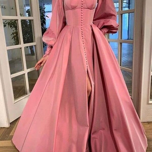 A-Line/Princess Long Sleeves Square Ruffles Satin Floor-Length Dresses