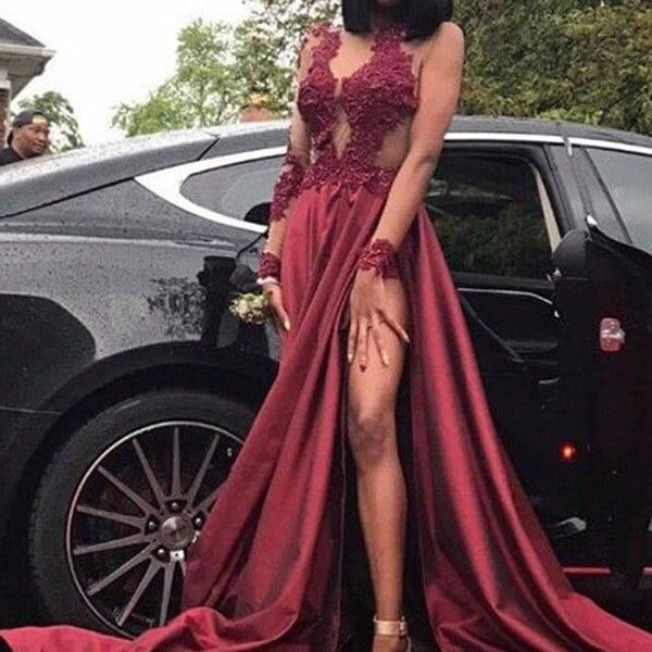 A-Line/Princess Long Sleeves V-neck Sweep/Brush Train Applique Satin Dresses