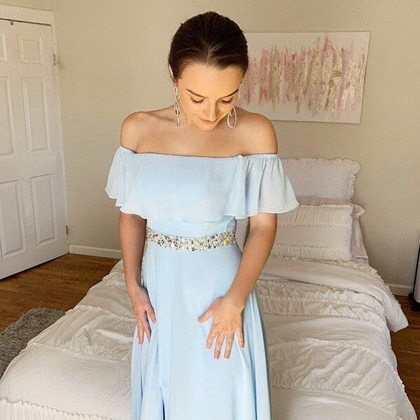 Off-the-Shoulder Beading Chiffon Front Split Formal Dresses Sleeveless