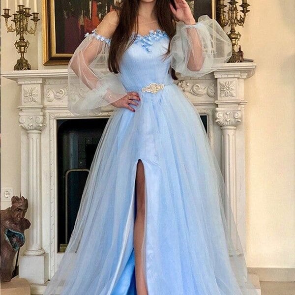 Off-the-Shoulder Beading Long Sleeves Aline Tulle Dresses wih Front Slit