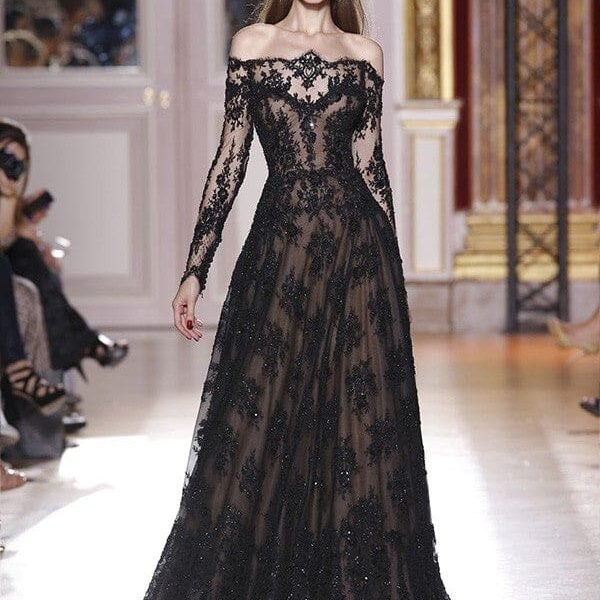 A-Line/Princess Off-the-Shoulder Long Sleeves Lace Sweep/Brush Train Dresses
