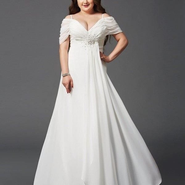 A-Line/Princess Off-the-Shoulder Ruched Short Sleeves Long Chiffon Plus Size Dresses
