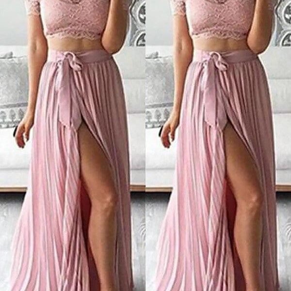 A-Line/Princess Off-the-Shoulder Sleeveless Chiffon Floor-Length Lace Two Piece Dresses