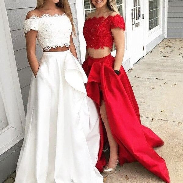 A-Line/Princess Off-the-Shoulder Sleeveless Sweep/Brush Train Lace Satin Two Piece Dresses