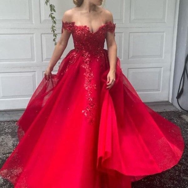 Off-the-Shoulder Tulle Applique Sleeveless Red Evening Dresses