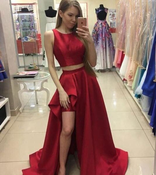 A-line Red Sleeveless Two Piece Long Satin Prom Evening Dress For Teens