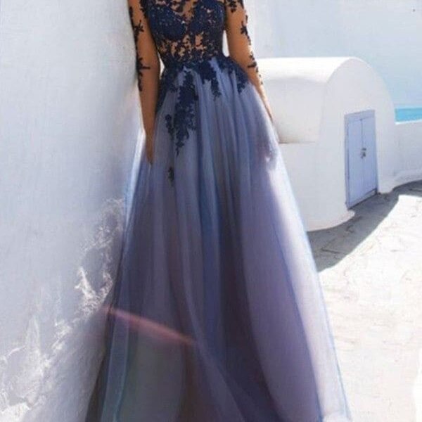 A-Line Scoop Long Sleeves Floor-Length With Applique Tulle Dresses
