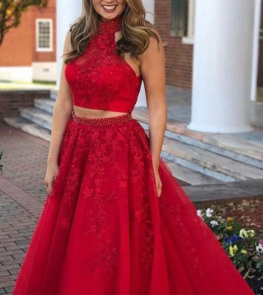 A-Line Sleeveless Jewel Beading Appliqued Tulle Long Two Piece Prom Dresses