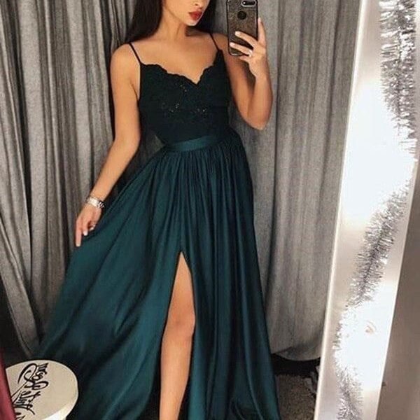 A-Line Spaghetti Straps Sleeveless Floor-Length With Lace Silk like Satin Dresses