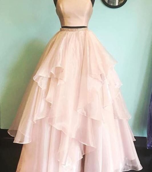 A-line Two Piece Peach Pink Jewel Sleeveless Open Back Floor-length Prom Dress