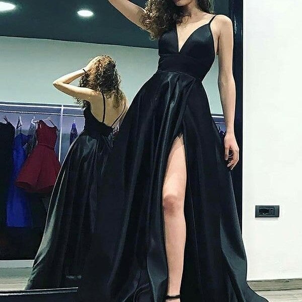 A-Line V-neck Sleeveless Floor-Length With Ruffles Satin Dresses