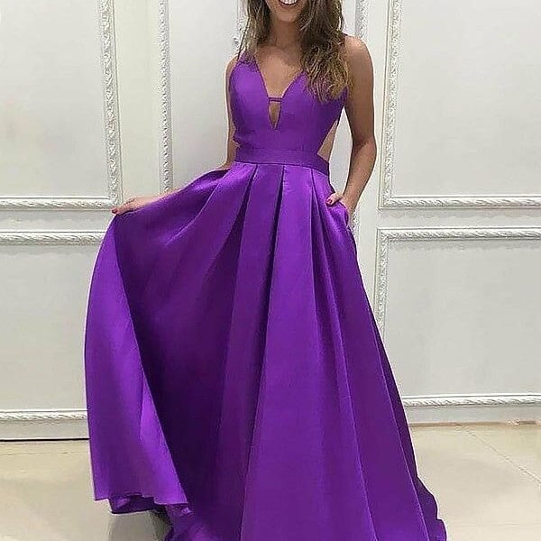 A-Line V-neck Sleeveless Sweep/Brush Train With Ruffles Satin Dresses