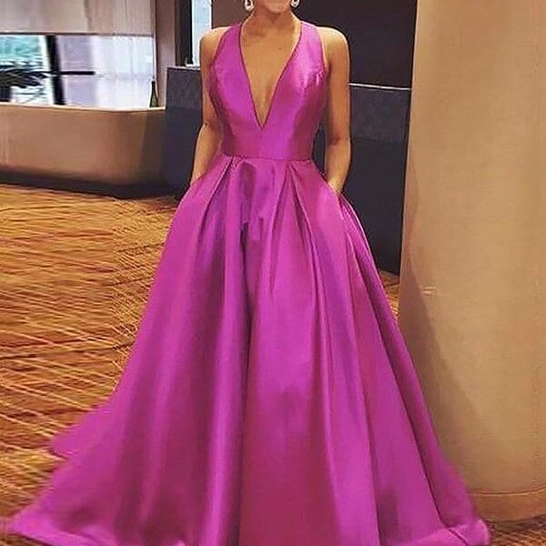 A-Line V-neck Sleeveless Sweep/Brush Train With Ruffles Satin Dresses