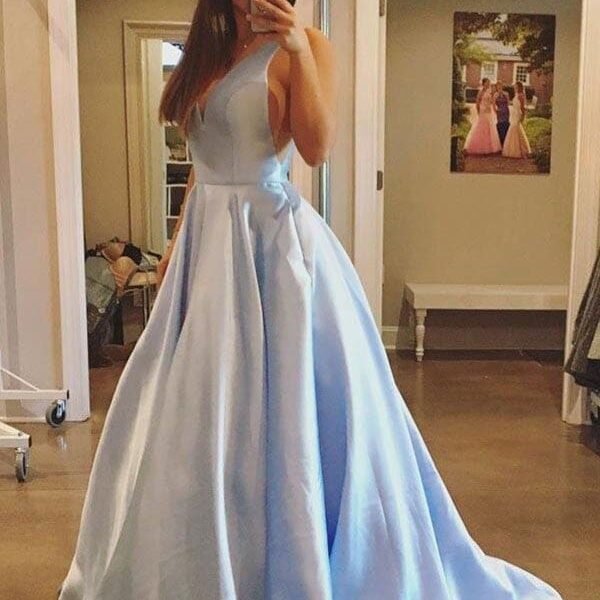 A-Line V-neck Ruffles Satin Evening DressDresses Sleeveless