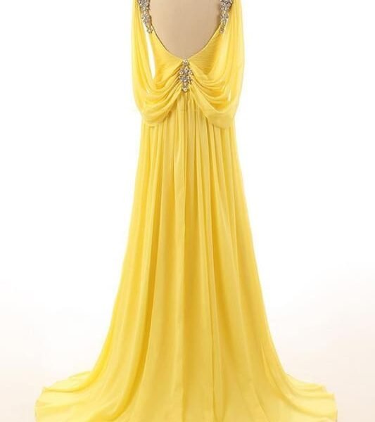 Backless A Line Yellow Beading Prom Dress