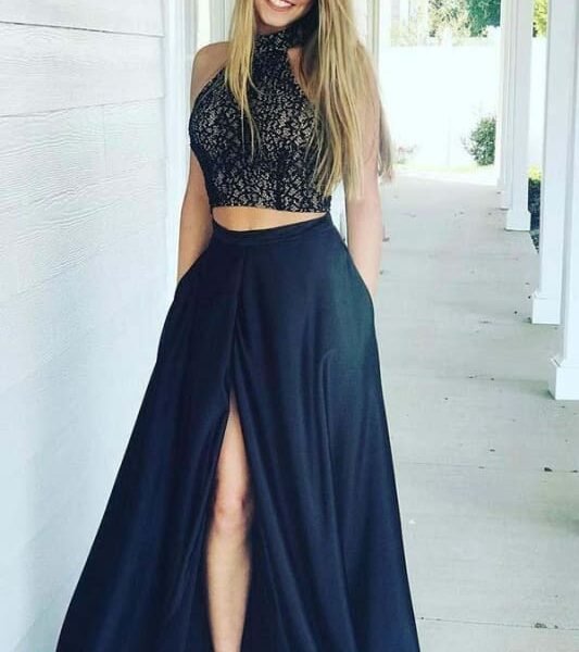 BC5894 Navy Blue High Neck Prom Dress with Slit Two Piece Sleeveless Cheap Formal Dresses