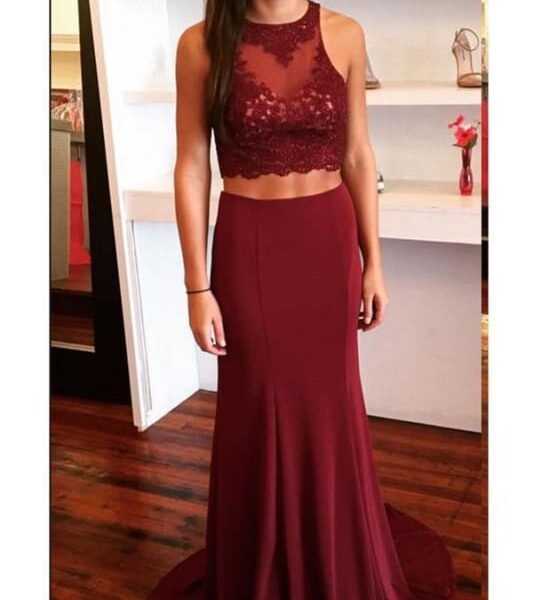 Burgundy Two Piece Open Back Prom with Lace Sweep Train Evening Dress