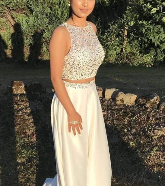 Charming Two Piece Rhinstone Sleeveless Prom Dresses