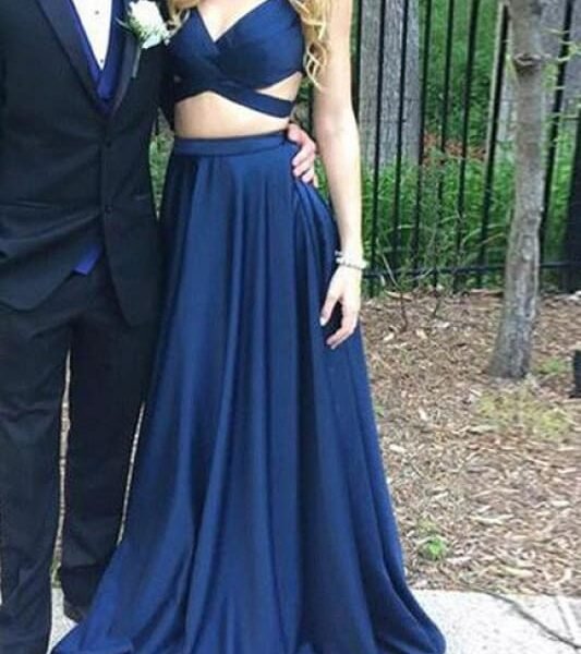 Dark Blue Two Pieces Prom V Neck Evening Open Back Party Dress Formal Dresses