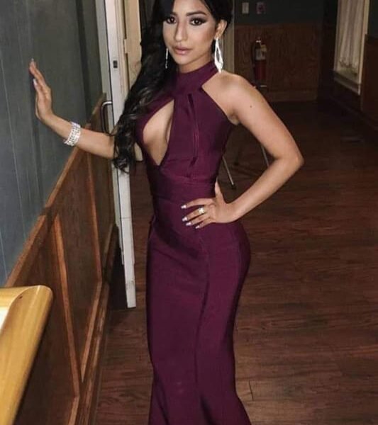 Elegant High Collar Dark Red Mermaid Long Evening Prom Dresses
