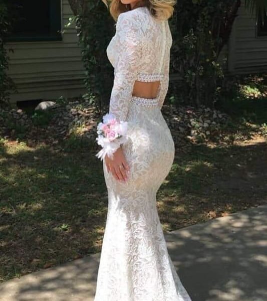 Elegant Long Sleeves Two Piece Lace Court Train Prom Dresses