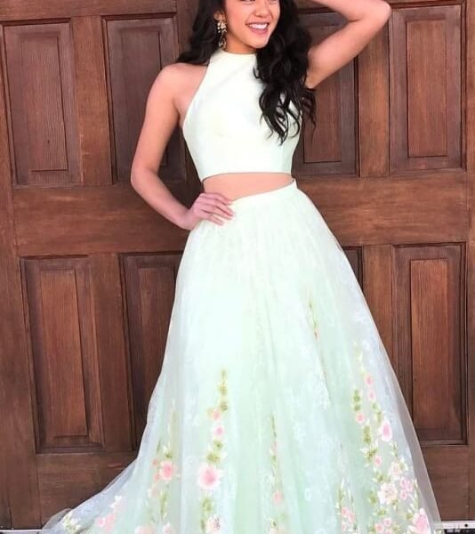 Elegant Two Piece Mint Green Jewel Sleeveless A-line Floral Long Prom Dress
