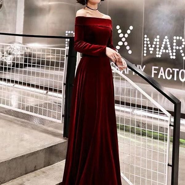 Evening Dresses Velvet Long Sleeve Off Shoulder Maxi Formal Gowns