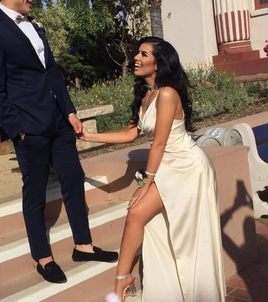 Fascinating Spaghetti Strap Sleeveless Side Slit Prom Dresses