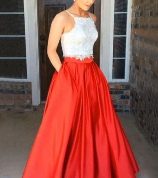 Fashion Red Two Piece Square Neck Satin with Appliques Lace Prom Dress Long